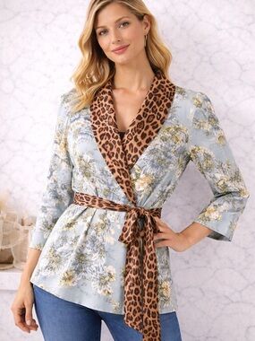White House Black Market Light Blue Floral Wrap Jacket with Leopard Trim